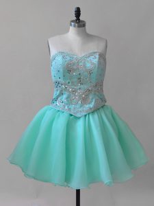 Fantastic Mini Length Aqua Blue Prom Evening Gown Organza Sleeveless Beading and Lace