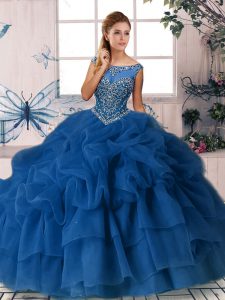 Colorful Organza Scoop Sleeveless Brush Train Zipper Beading and Pick Ups Quinceanera Dresses in Royal Blue