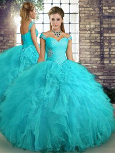 Fashion Floor Length Ball Gowns Sleeveless Aqua Blue Sweet 16 Dress Lace Up
