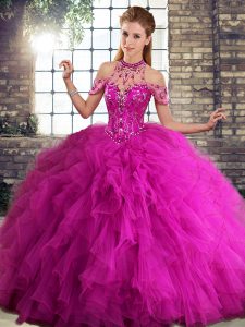 Fuchsia Lace Up Halter Top Beading and Ruffles 15th Birthday Dress Tulle Sleeveless