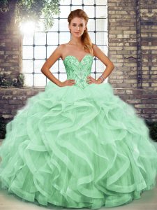 Apple Green Quinceanera Gown Military Ball and Sweet 16 and Quinceanera with Beading and Ruffles Sweetheart Sleeveless Lace Up