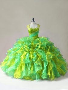 Dramatic Organza Straps Sleeveless Zipper Beading and Ruffles 15th Birthday Dress in Multi-color