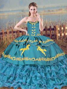Sweetheart Sleeveless Brush Train Lace Up Quinceanera Dress Blue Satin and Organza