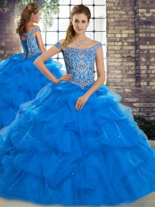 Blue 15th Birthday Dress Off The Shoulder Sleeveless Brush Train Lace Up