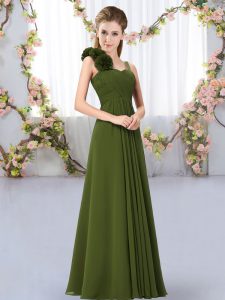 Romantic Olive Green Empire Straps Sleeveless Chiffon Floor Length Lace Up Hand Made Flower Dama Dress