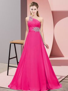 Romantic Hot Pink Lace Up Womens Evening Dresses Beading Sleeveless Floor Length