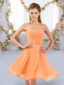 Orange Chiffon Lace Up Vestidos de Damas Sleeveless Mini Length Ruching