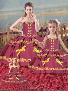 Burgundy Sleeveless Satin and Organza Zipper Quinceanera Gown for Sweet 16 and Quinceanera