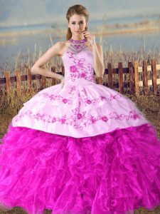 Court Train Ball Gowns Ball Gown Prom Dress Fuchsia Halter Top Organza Sleeveless Lace Up