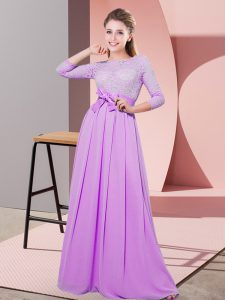 Stunning Floor Length Lilac Damas Dress Chiffon 3 4 Length Sleeve Lace and Belt