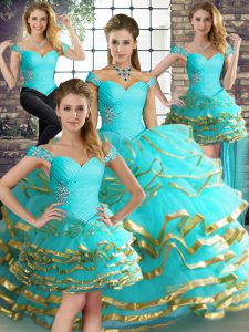 Admirable Floor Length Aqua Blue 15th Birthday Dress Tulle Sleeveless Beading and Ruffled Layers