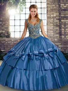 Traditional Blue Lace Up Straps Beading and Ruffled Layers Vestidos de Quinceanera Taffeta Sleeveless
