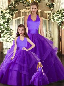 Adorable Halter Top Sleeveless Lace Up Quinceanera Gown Purple Tulle