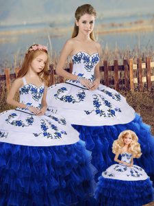 Royal Blue Ball Gowns Sweetheart Sleeveless Organza Floor Length Lace Up Embroidery and Ruffled Layers and Bowknot Quince Ball Gowns