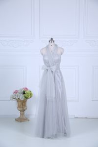 Cute Floor Length Grey Vestidos de Damas Halter Top Sleeveless Zipper