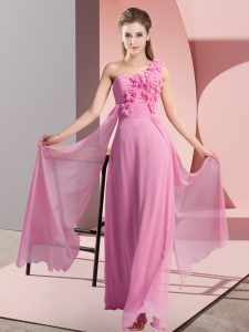 Excellent Floor Length Rose Pink Dama Dress for Quinceanera Chiffon Sleeveless Hand Made Flower