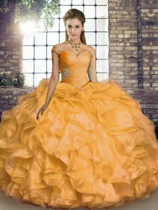 Gold Ball Gowns Off The Shoulder Sleeveless Organza Floor Length Lace Up Beading and Ruffles 15th Birthday Dress