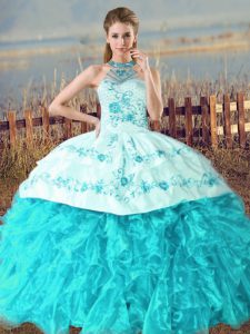 Artistic Ball Gowns Sleeveless Aqua Blue Quinceanera Gowns Court Train Lace Up