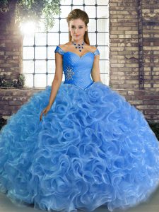 Shining Baby Blue Ball Gowns Off The Shoulder Sleeveless Fabric With Rolling Flowers Floor Length Lace Up Beading Quinceanera Gown