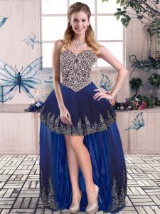 Royal Blue A-line Tulle Sweetheart Sleeveless Beading and Embroidery High Low Lace Up Prom Dresses