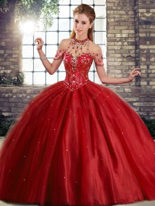 Wine Red Ball Gowns Halter Top Sleeveless Tulle Brush Train Lace Up Beading Quince Ball Gowns