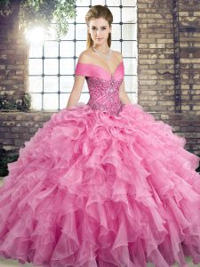 Colorful Rose Pink Sleeveless Brush Train Beading and Ruffles Quinceanera Gowns