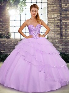 Lilac Sleeveless Tulle Brush Train Lace Up Quinceanera Gown for Military Ball and Sweet 16 and Quinceanera