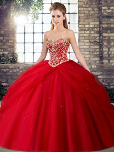 Noble Sweetheart Sleeveless Quince Ball Gowns Brush Train Beading and Pick Ups Red Tulle