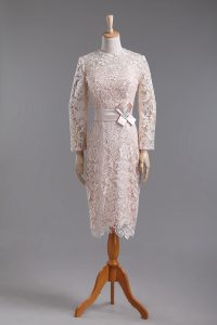 Exquisite Champagne Column/Sheath Lace and Belt Evening Dress Zipper Lace Long Sleeves Tea Length
