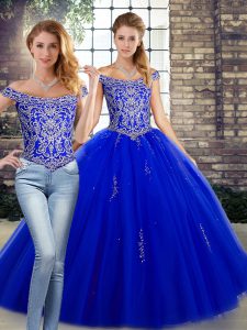 Beautiful Royal Blue Lace Up Off The Shoulder Beading Vestidos de Quinceanera Tulle Sleeveless