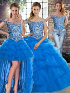 Blue Three Pieces Off The Shoulder Sleeveless Tulle Brush Train Lace Up Beading and Pick Ups Sweet 16 Dresses