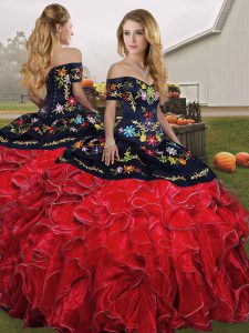 Sleeveless Floor Length Embroidery and Ruffles Lace Up Vestidos de Quinceanera with Red And Black