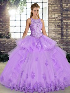 Scoop Sleeveless Vestidos de Quinceanera Floor Length Lace and Embroidery and Ruffles Lavender Tulle