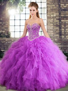 Beading and Ruffles Quinceanera Gown Lavender Lace Up Sleeveless Floor Length