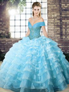 Gorgeous Aqua Blue Sleeveless Beading and Ruffled Layers Lace Up Quince Ball Gowns
