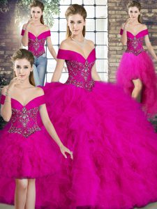 Off The Shoulder Sleeveless 15 Quinceanera Dress Floor Length Beading and Ruffles Fuchsia Tulle