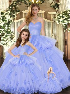 Lavender Ball Gowns Appliques and Ruffles 15th Birthday Dress Lace Up Tulle Sleeveless Floor Length