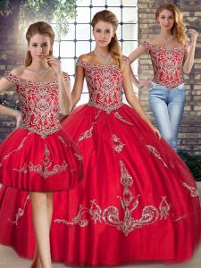 Red Three Pieces Off The Shoulder Sleeveless Tulle Floor Length Lace Up Beading and Embroidery Quinceanera Gown