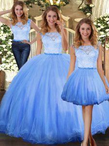 Delicate Floor Length Clasp Handle Ball Gown Prom Dress Blue for Military Ball and Sweet 16 and Quinceanera with Lace