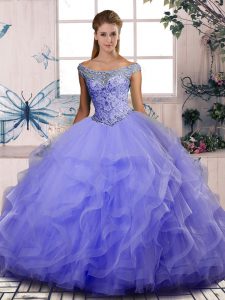 Lavender Off The Shoulder Neckline Beading and Ruffles Quinceanera Gown Sleeveless Lace Up