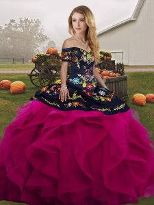 Flirting Sleeveless Floor Length Embroidery and Ruffles Lace Up Sweet 16 Dresses with Fuchsia