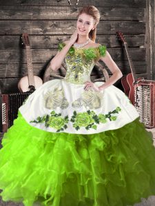 Off The Shoulder Sleeveless Organza Sweet 16 Quinceanera Dress Embroidery and Ruffles Lace Up