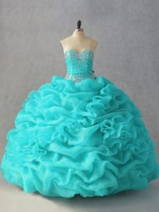 Aqua Blue Ball Gowns Sweetheart Sleeveless Organza Floor Length Lace Up Beading and Pick Ups and Hand Made Flower Ball Gown Prom Dress