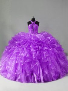 Customized Brush Train Ball Gowns 15th Birthday Dress Purple Halter Top Organza Sleeveless Zipper