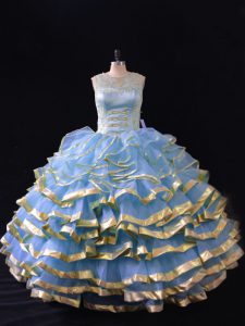 Suitable Sleeveless Organza Floor Length Lace Up 15 Quinceanera Dress in Blue with Ruffled Layers