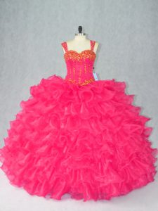 Enchanting Red Organza Lace Up Sweet 16 Quinceanera Dress Sleeveless Floor Length Beading and Ruffles