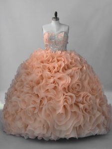 Popular Peach Ball Gowns Fabric With Rolling Flowers Sweetheart Sleeveless Beading Lace Up Quinceanera Gown Brush Train