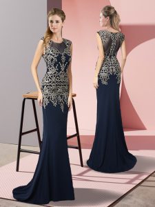 Artistic Sleeveless Appliques Zipper Prom Dress with Navy Blue Sweep Train