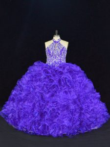 Exquisite Halter Top Sleeveless Lace Up Sweet 16 Quinceanera Dress Purple Organza
