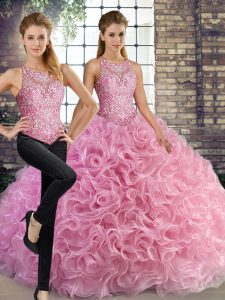 Two Pieces Quinceanera Dresses Rose Pink Scoop Fabric With Rolling Flowers Sleeveless Floor Length Lace Up